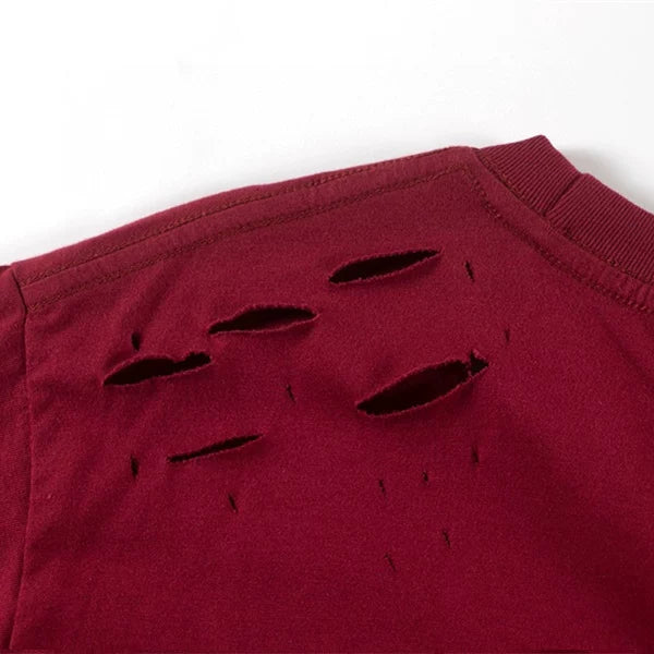Burgundy Distressed Ripped French Letter Oversized T‑Shirt