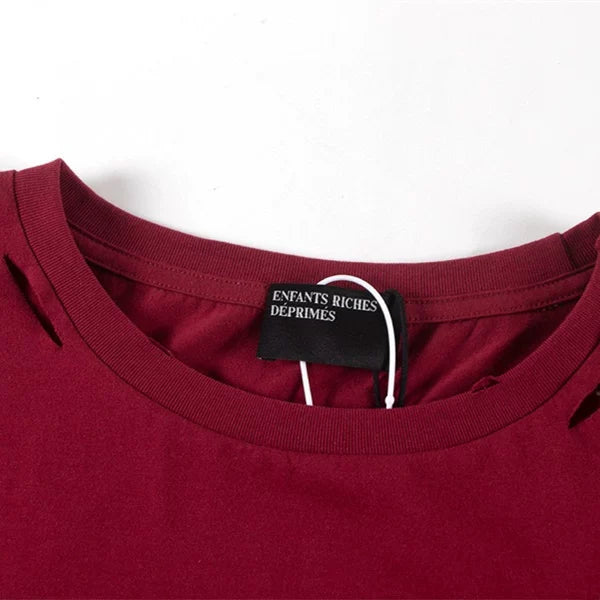 Burgundy Distressed Ripped French Letter Oversized T‑Shirt