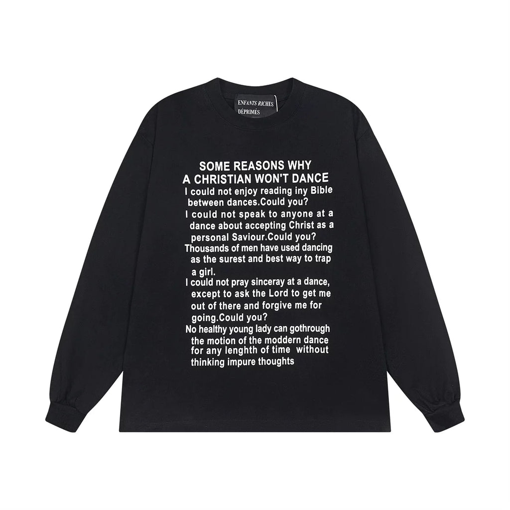 ERD Style Vintage Essay Text Graphic Long‑Sleeve Tee Unisex Black Streetwear Shirt