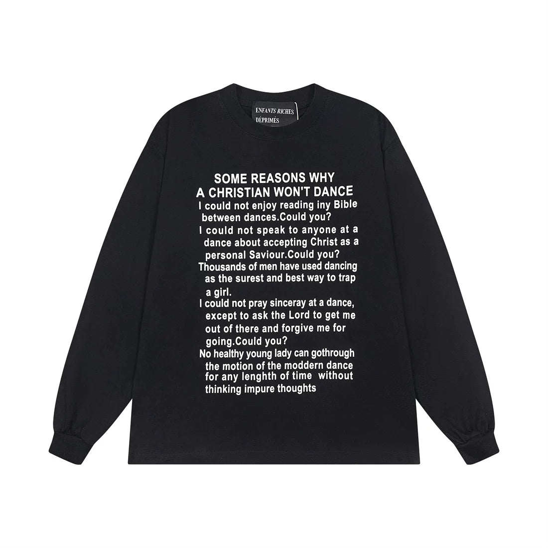 ERD Style Vintage Essay Text Graphic Long‑Sleeve Tee Unisex Black Streetwear Shirt
