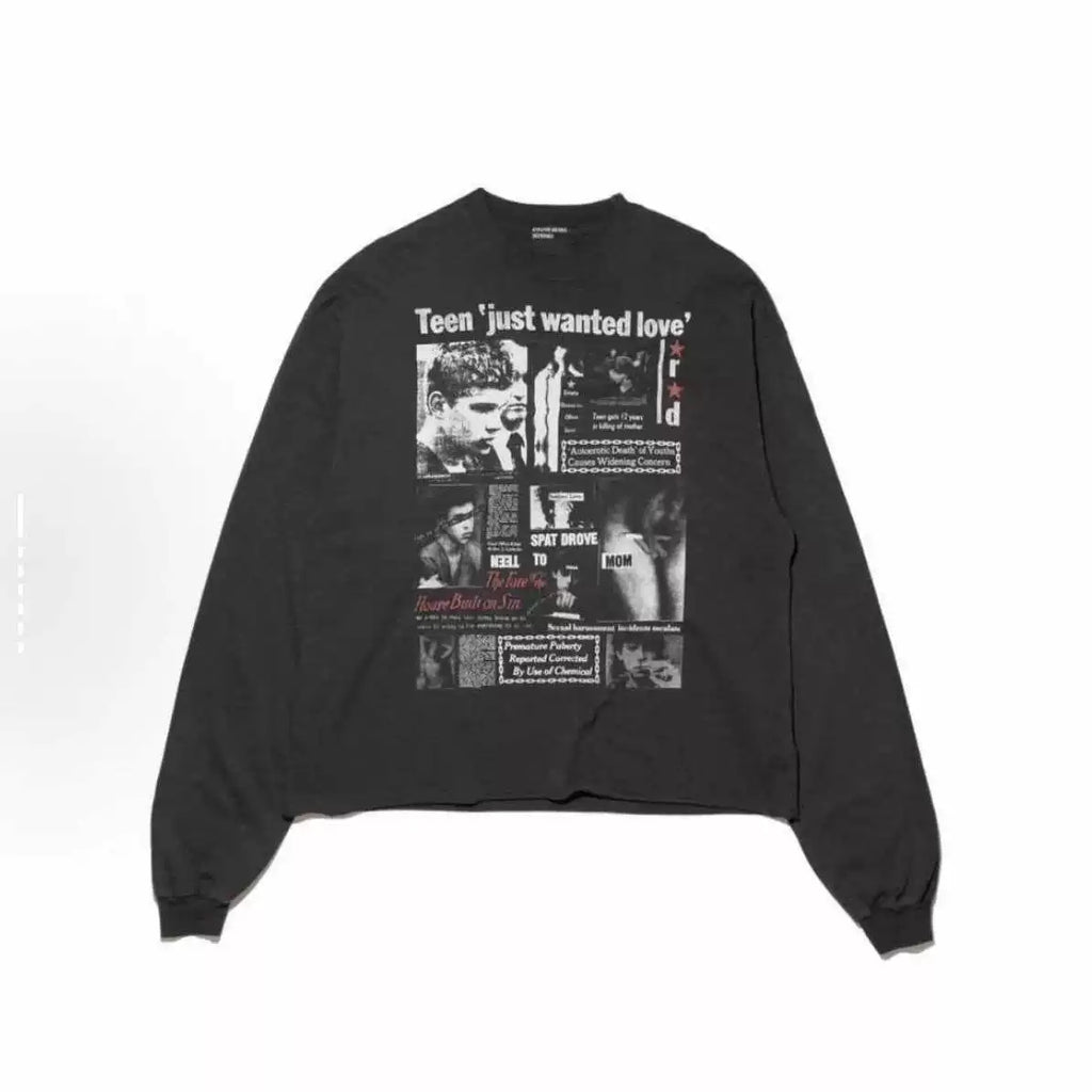 ERD Vintage Washed Newspaper Collage Graphic Cropped Oversized Long Sleeve Tee