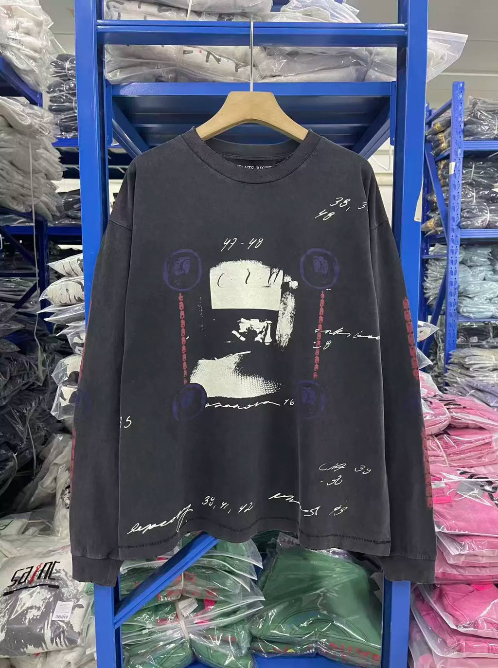 ERD Vintage Washed Black Manuscript Figure Graphic Long Sleeve T‑Shirt
