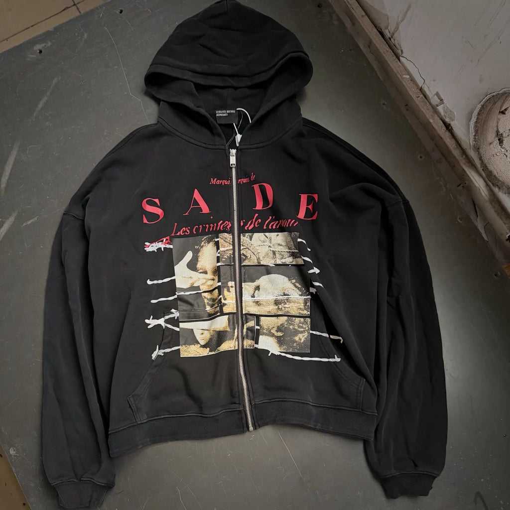 Vintage Washed Black SADE Graphic Zip‑Up Hoodie