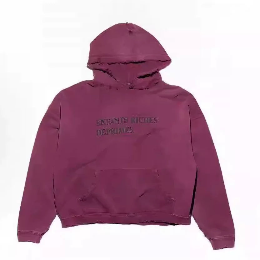 Washed Burgundy Distressed French Letter Oversized Hoodie