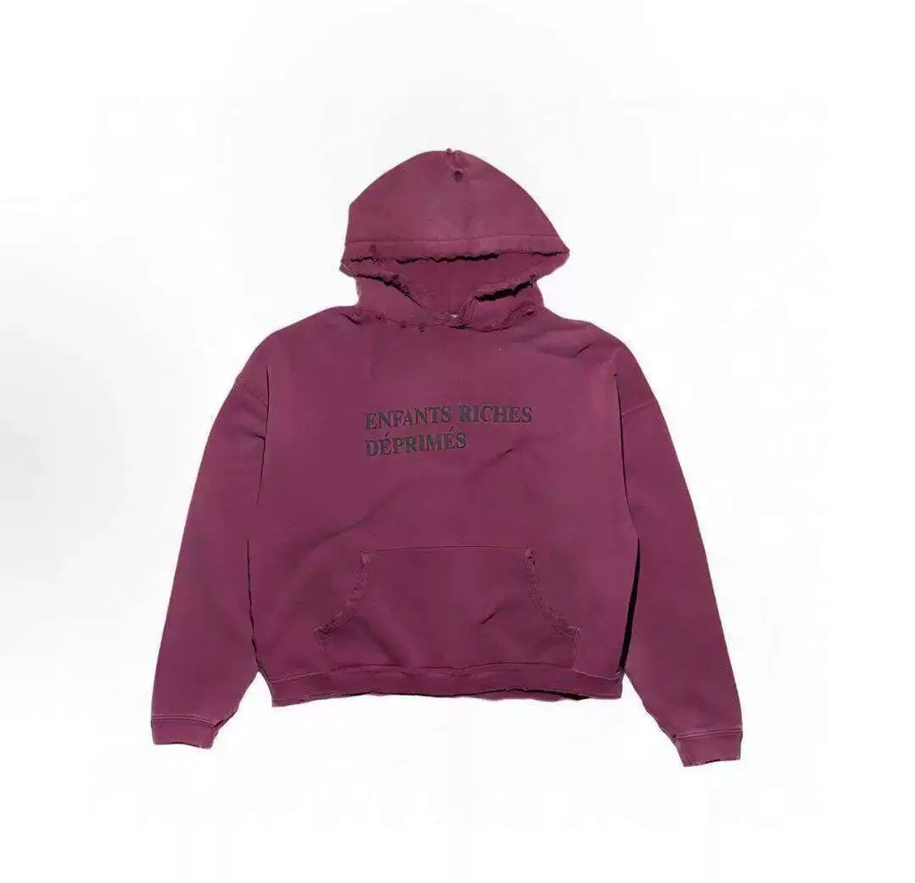 Washed Burgundy Distressed French Letter Oversized Hoodie