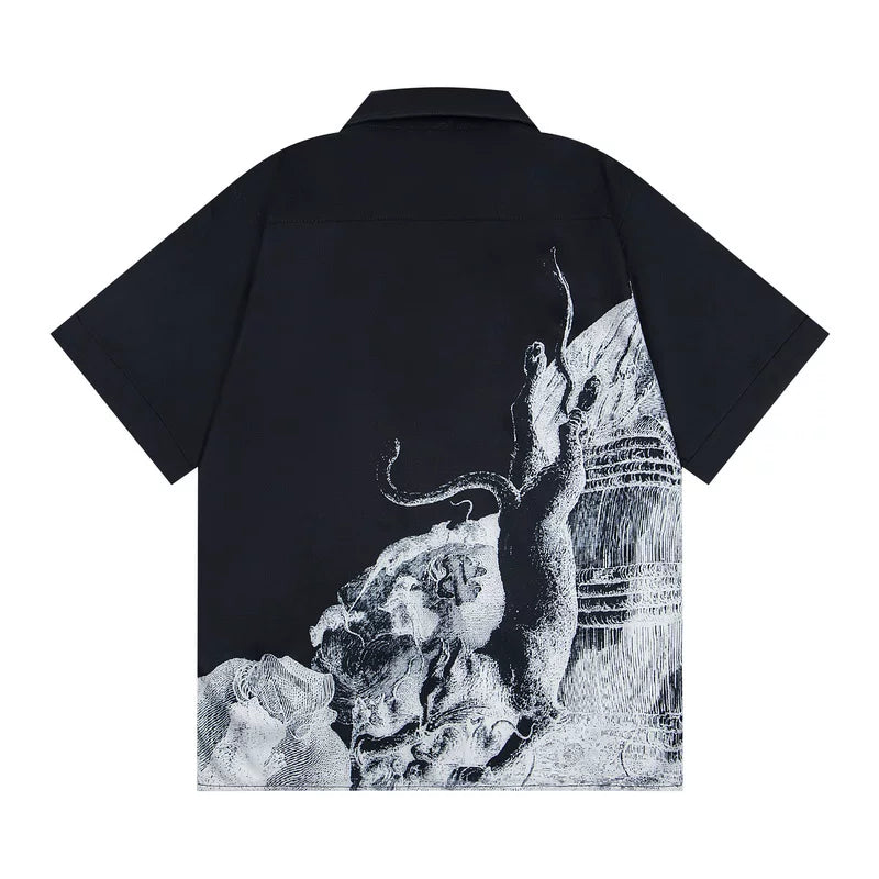 ERD Vintage Black Engraving Art Print Camp Collar Short Sleeve Shirt
