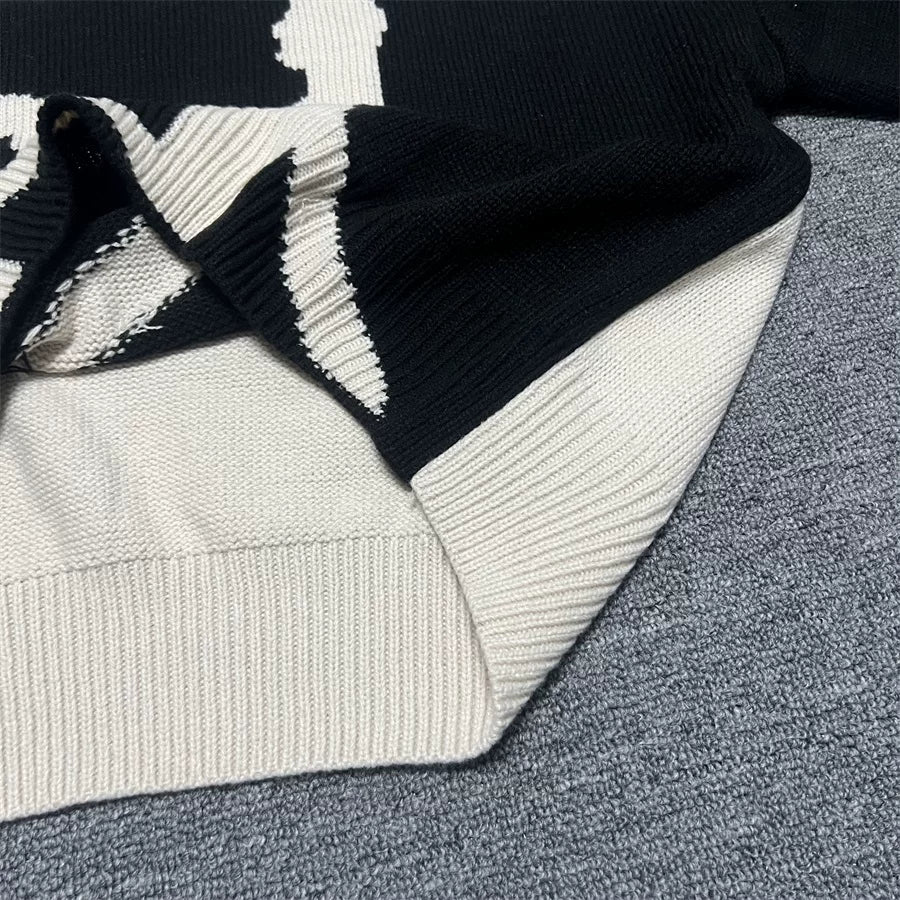 ERD Black‑White Figure Jacquard Cropped Distressed Crew Neck Unisex Knit Sweater