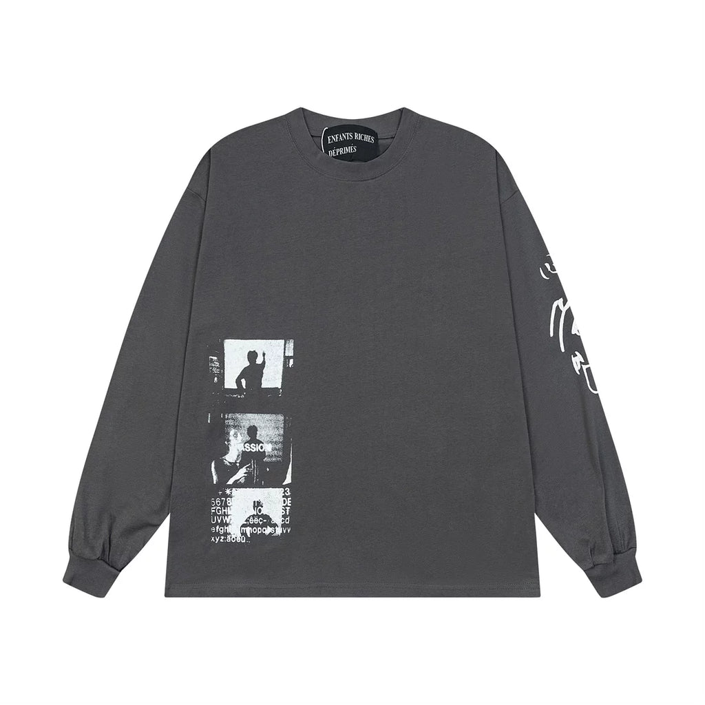 ERD Style Distressed Print Long‑Sleeve Tee Unisex Vintage Washed Grey Streetwear Shirt