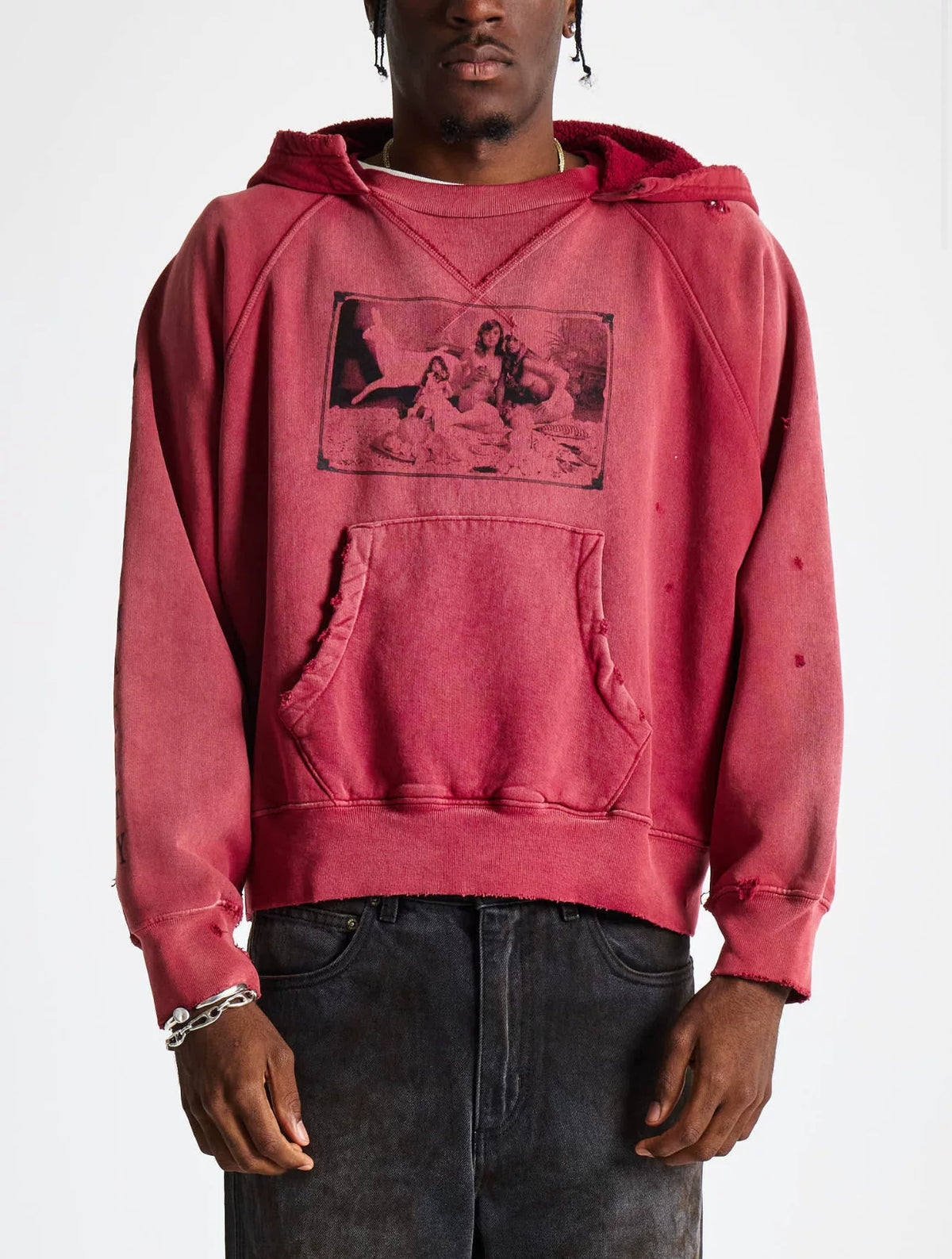 Vintage Faded Red Distressed Art Print Oversized Hoodie