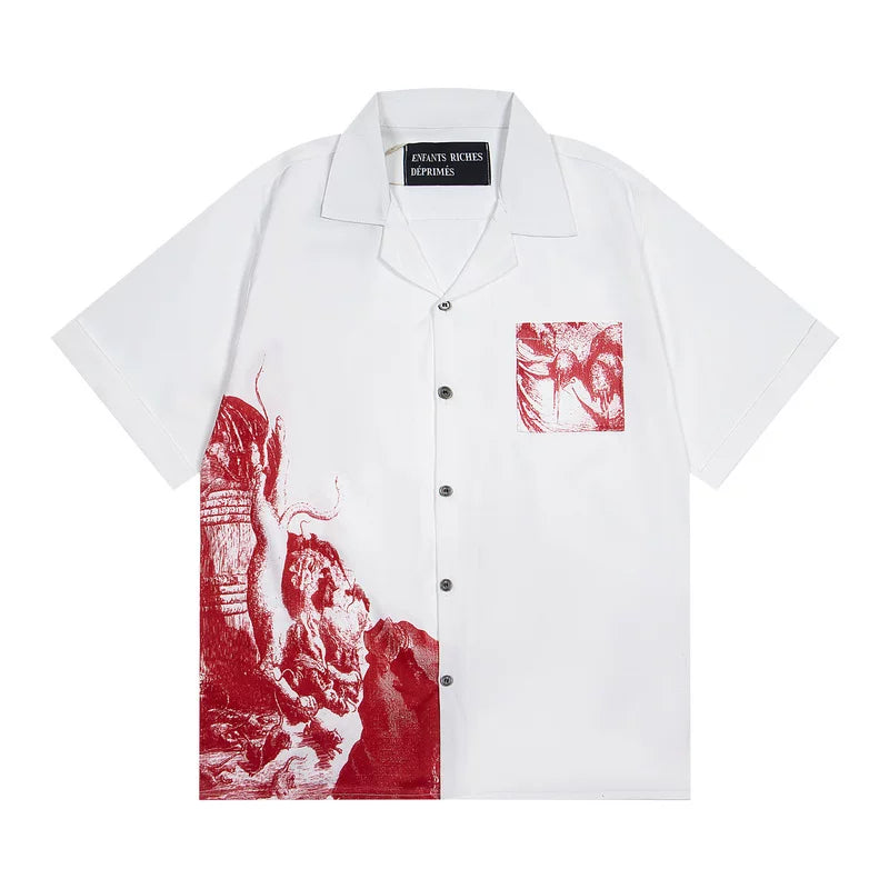 ERD Vintage Red Engraving Art Print Camp Collar Short Sleeve