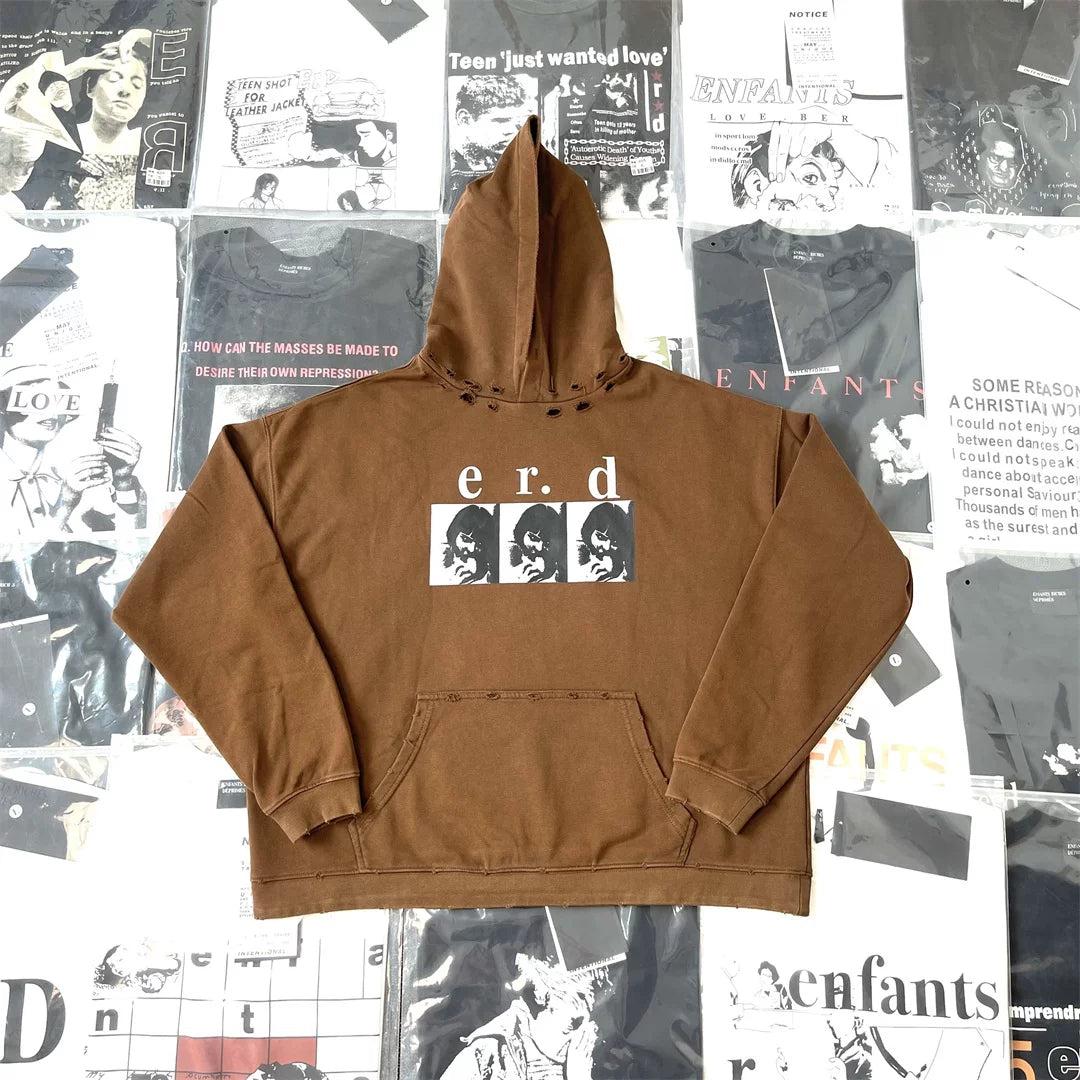 ERD Vintage Washed Brown ERD Triple‑Panel Portrait Distressed Cropped Oversized Unisex Hoodie