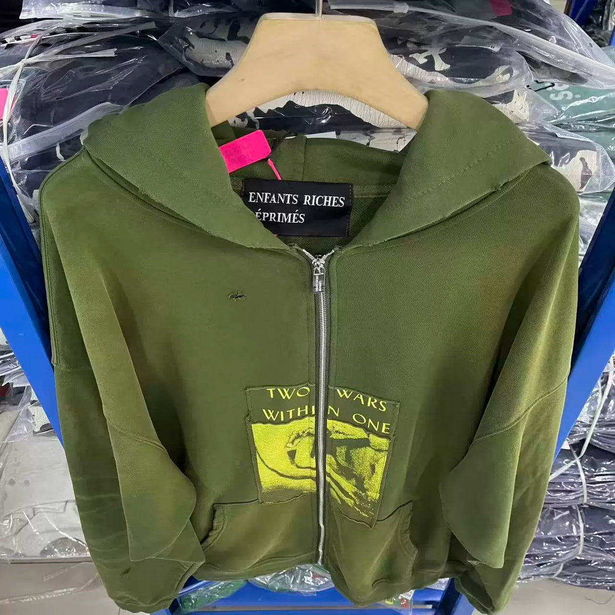 ERD Vintage Washed Army Green Patch Graphic Distressed Full‑Zip Cropped Oversized Hoodie