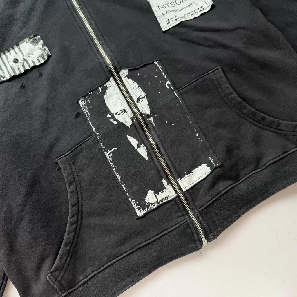 Distressed Patched Print Zip‑Up Hoodie