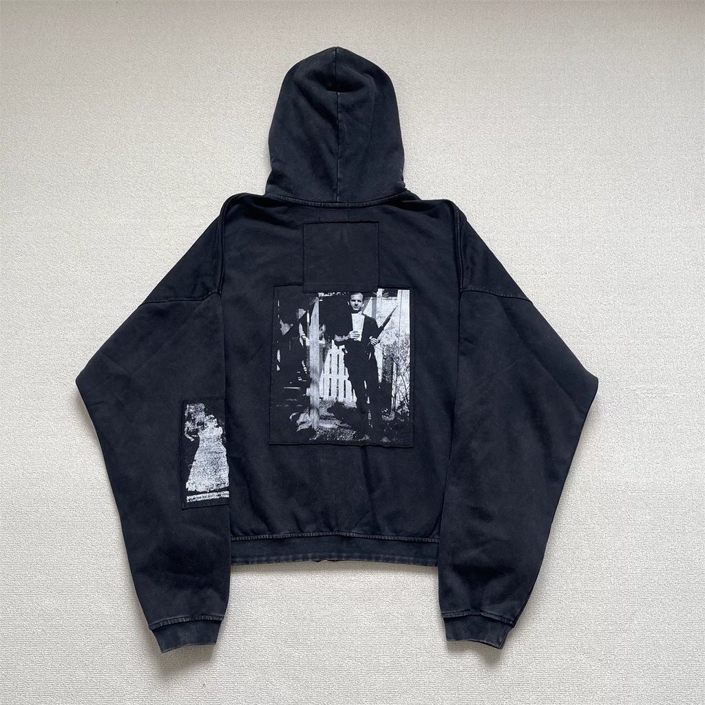 Vintage Washed Japanese Graphic Zip‑Up Oversized Hoodie