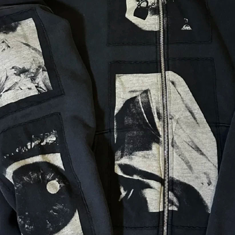 ERD Vintage Washed Patch Figure Graphic Cropped Zip‑Up Unisex Hoodie