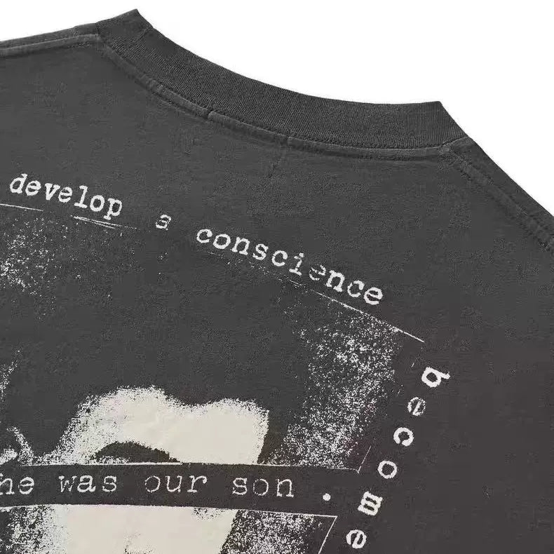 ERD Vintage Washed Newspaper Collage Graphic Cropped Oversized Long Sleeve Tee