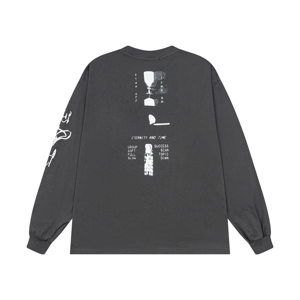 ERD Style Distressed Print Long‑Sleeve Tee Unisex Vintage Washed Grey Streetwear Shirt
