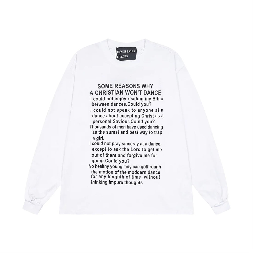 ERD Style Vintage Essay Text Graphic Long‑Sleeve Tee Unisex White Streetwear Shirt