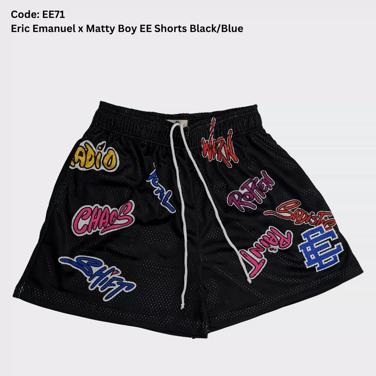 Eric Emanuel x Matty Boy EE Mesh Shorts Black Blue Graffiti Print
