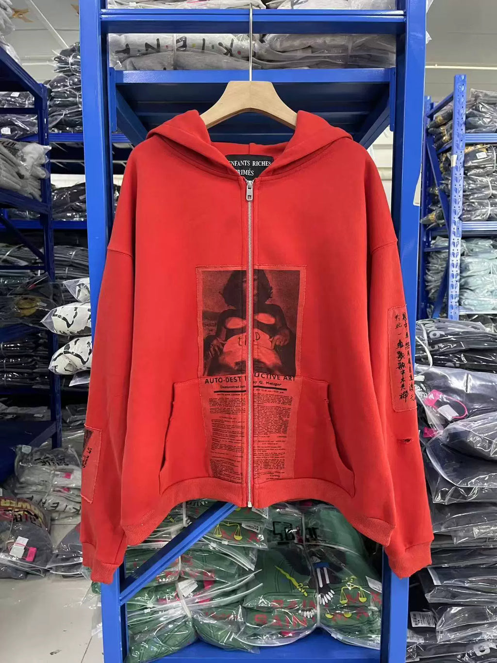 ERD Vintage Washed Red Newspaper Collage Graphic Cropped Zip‑Up Oversized Hoodie