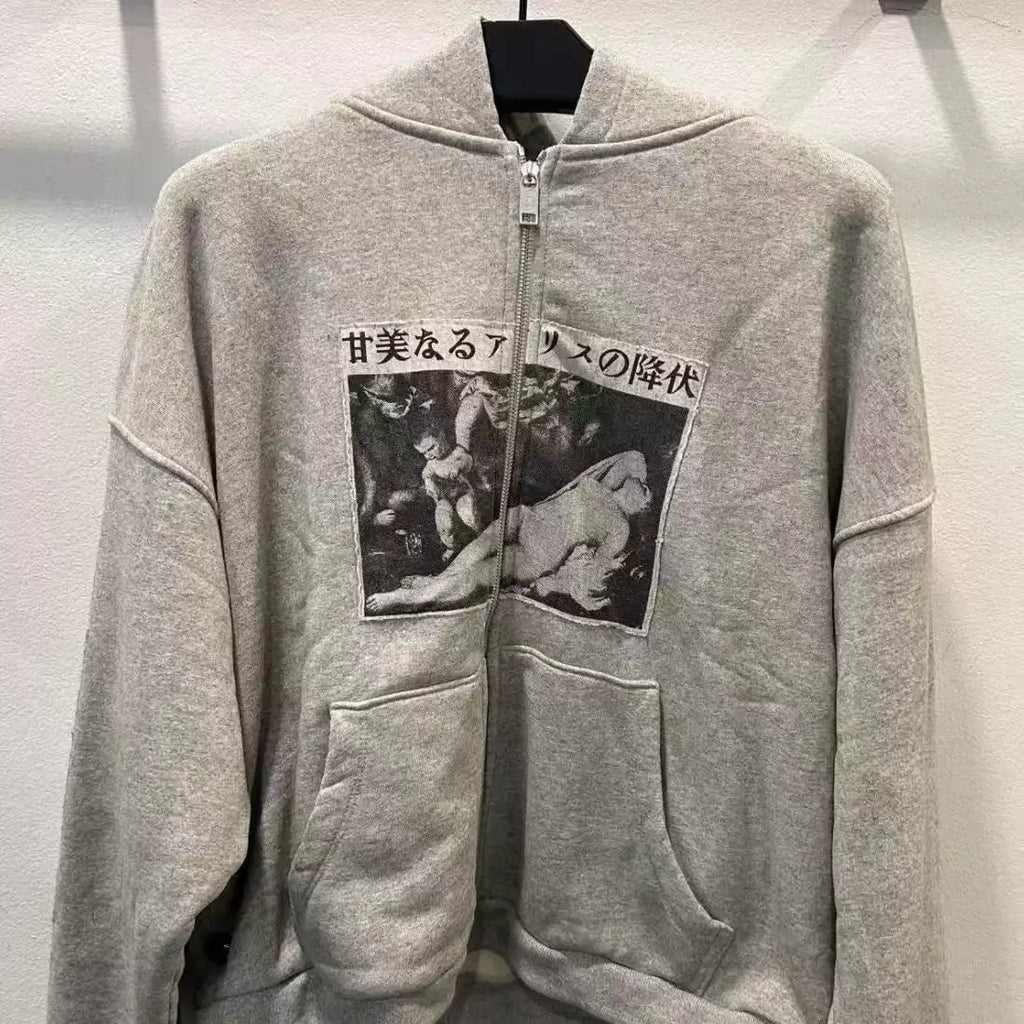 Japanese Text Renaissance Art Full‑Zip Hoodie Heather Grey