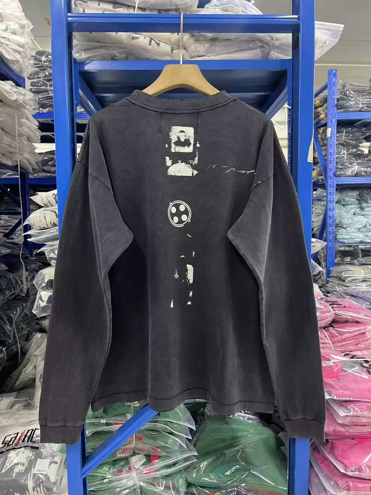 ERD Vintage Washed Black Manuscript Figure Graphic Long Sleeve T‑Shirt