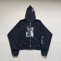 Vintage Washed Japanese Graphic Zip‑Up Oversized Hoodie