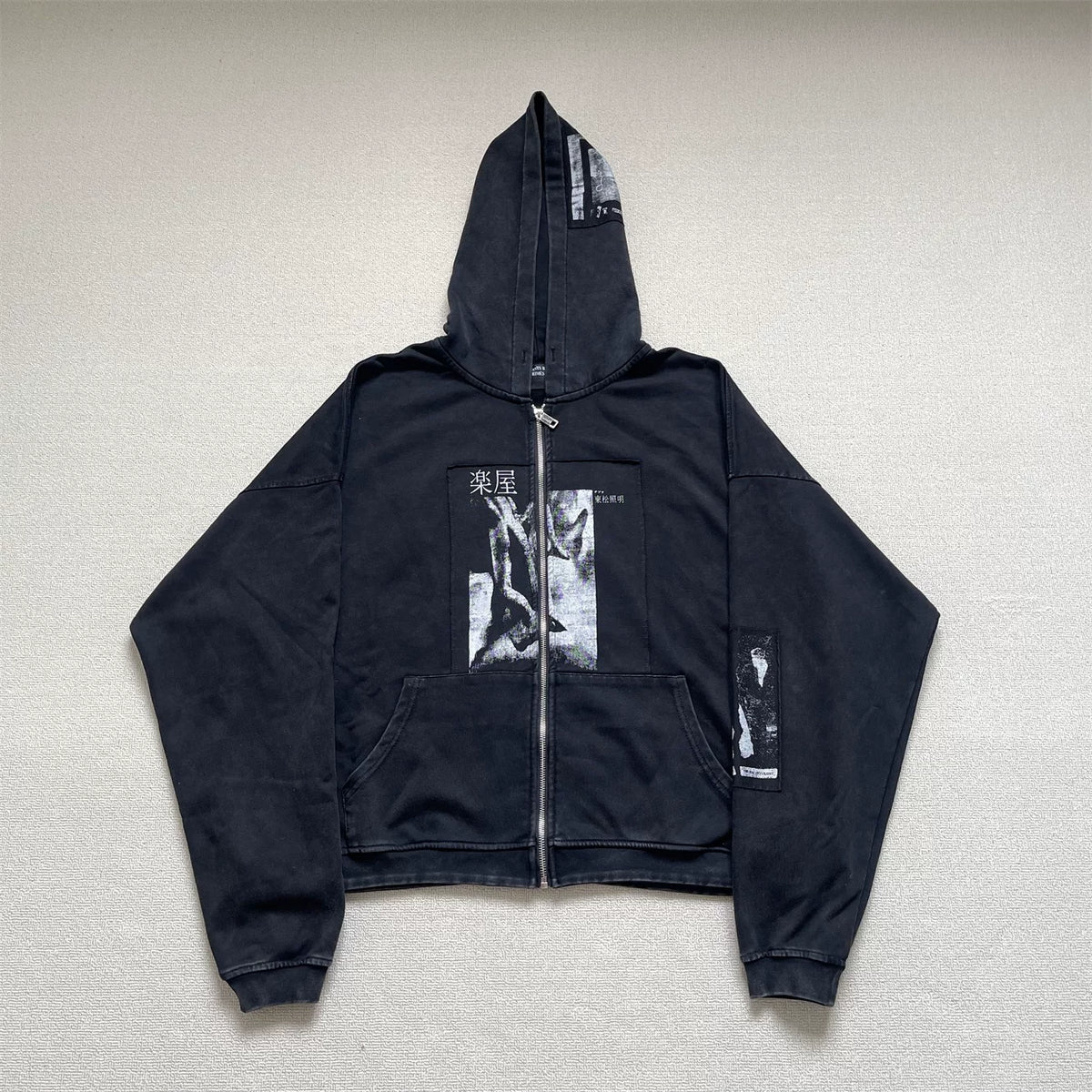 Vintage Washed Japanese Graphic Zip‑Up Oversized Hoodie