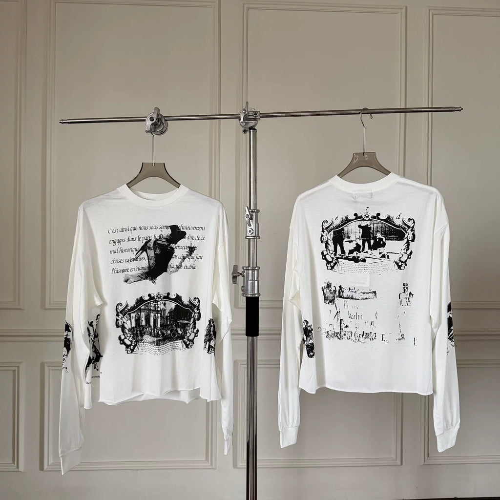 ERD Vintage French Text Engraving Art Long Sleeve T‑Shirt