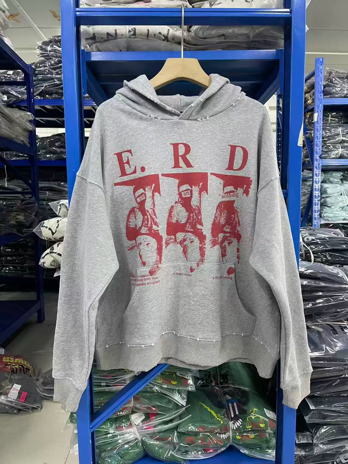 ERD Vintage Washed Grey Big E.R.D Letter Distressed Figure Graphic Cropped Oversized Hoodie