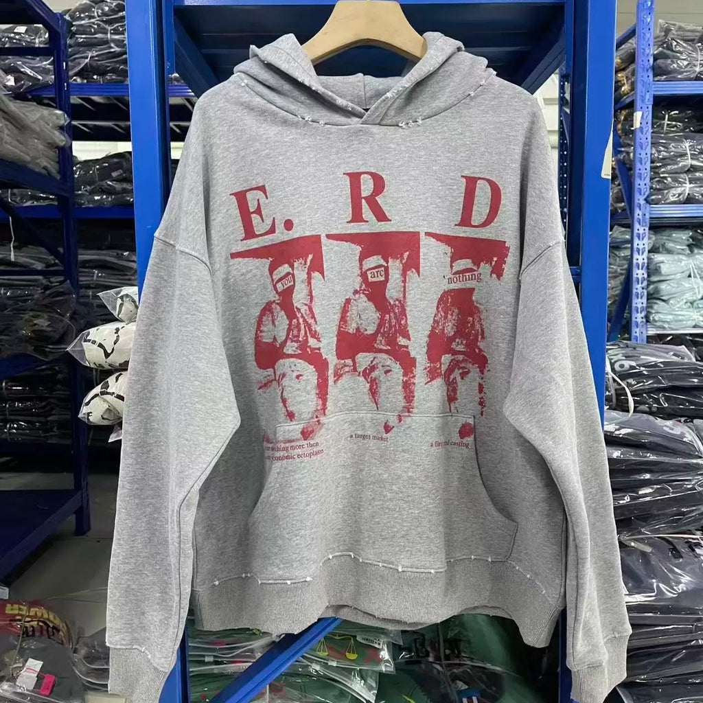 ERD Vintage Washed Grey Big E.R.D Letter Distressed Figure Graphic Cropped Oversized Hoodie