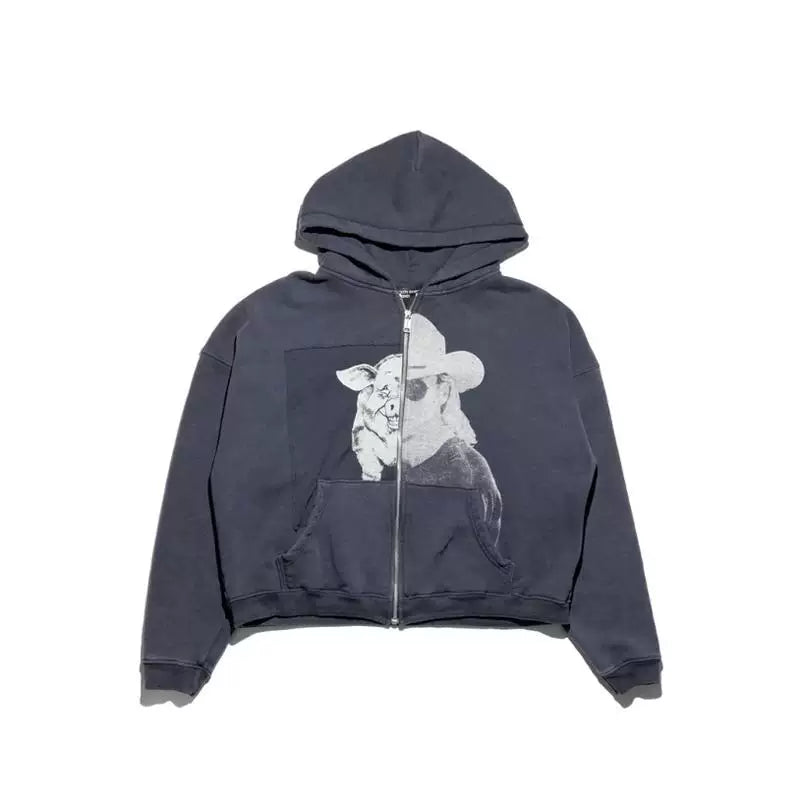 ERD Style Front‑Back Animal Print Zip Hoodie