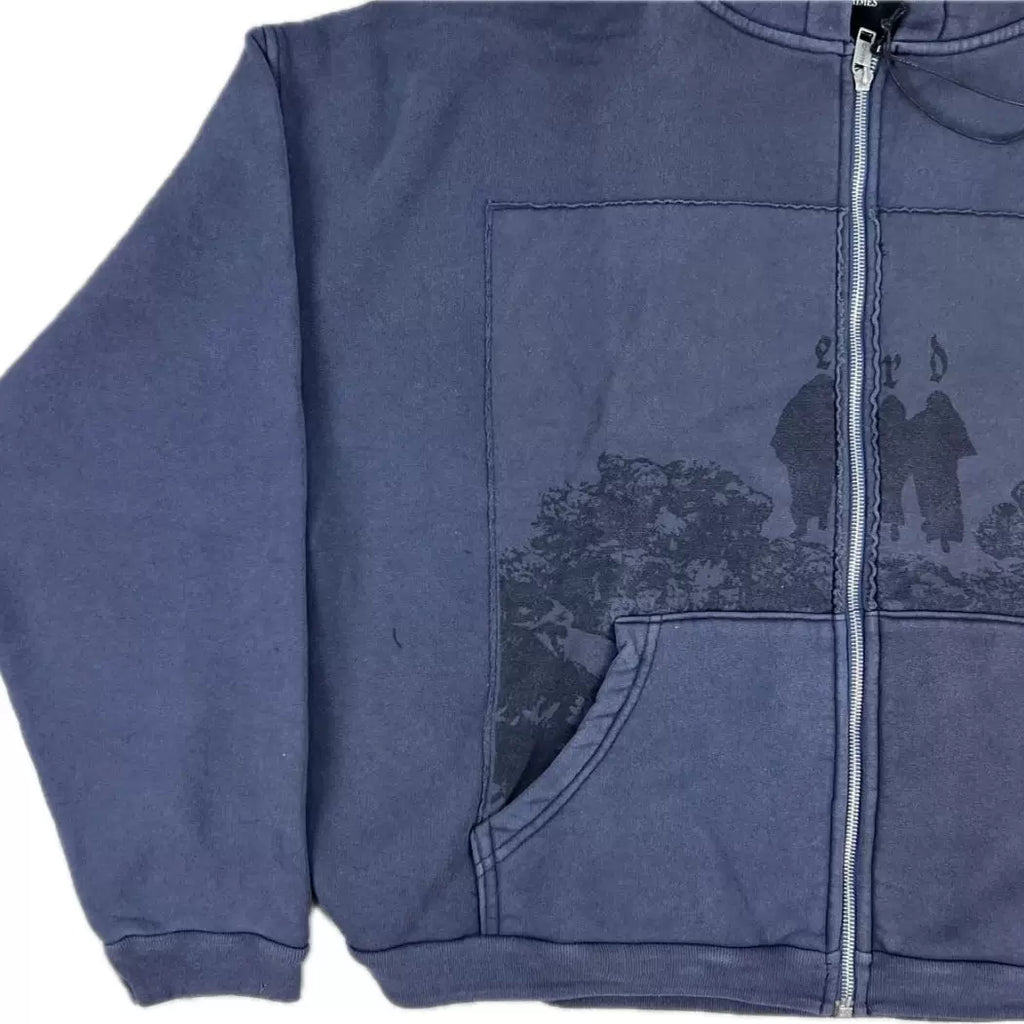ERD Vintage Washed Navy Figure Landscape Graphic Cropped Zip‑Up Oversized Hoodie