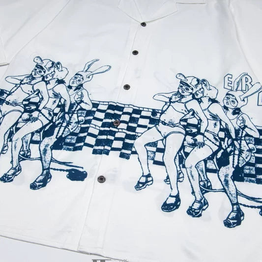 ERD Vintage Comic Print Camp Collar Short Sleeve Button‑Up Shirt