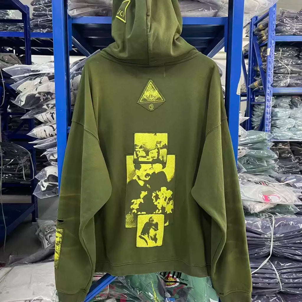 ERD Vintage Washed Army Green Patch Graphic Distressed Full‑Zip Cropped Oversized Hoodie