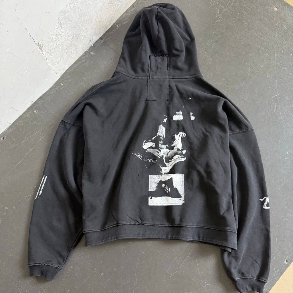 Distressed Patched Print Zip‑Up Hoodie