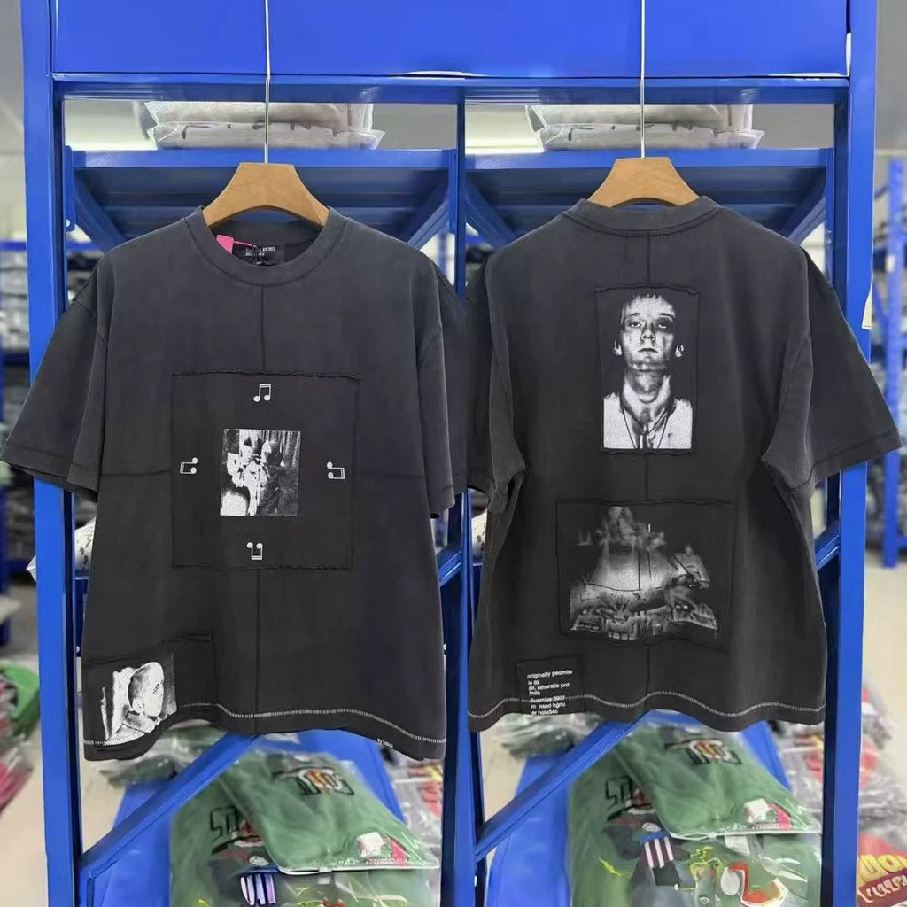ERD's Vintage Washed Black Back Patch Figure Print Short Sleeve T‑Shirt