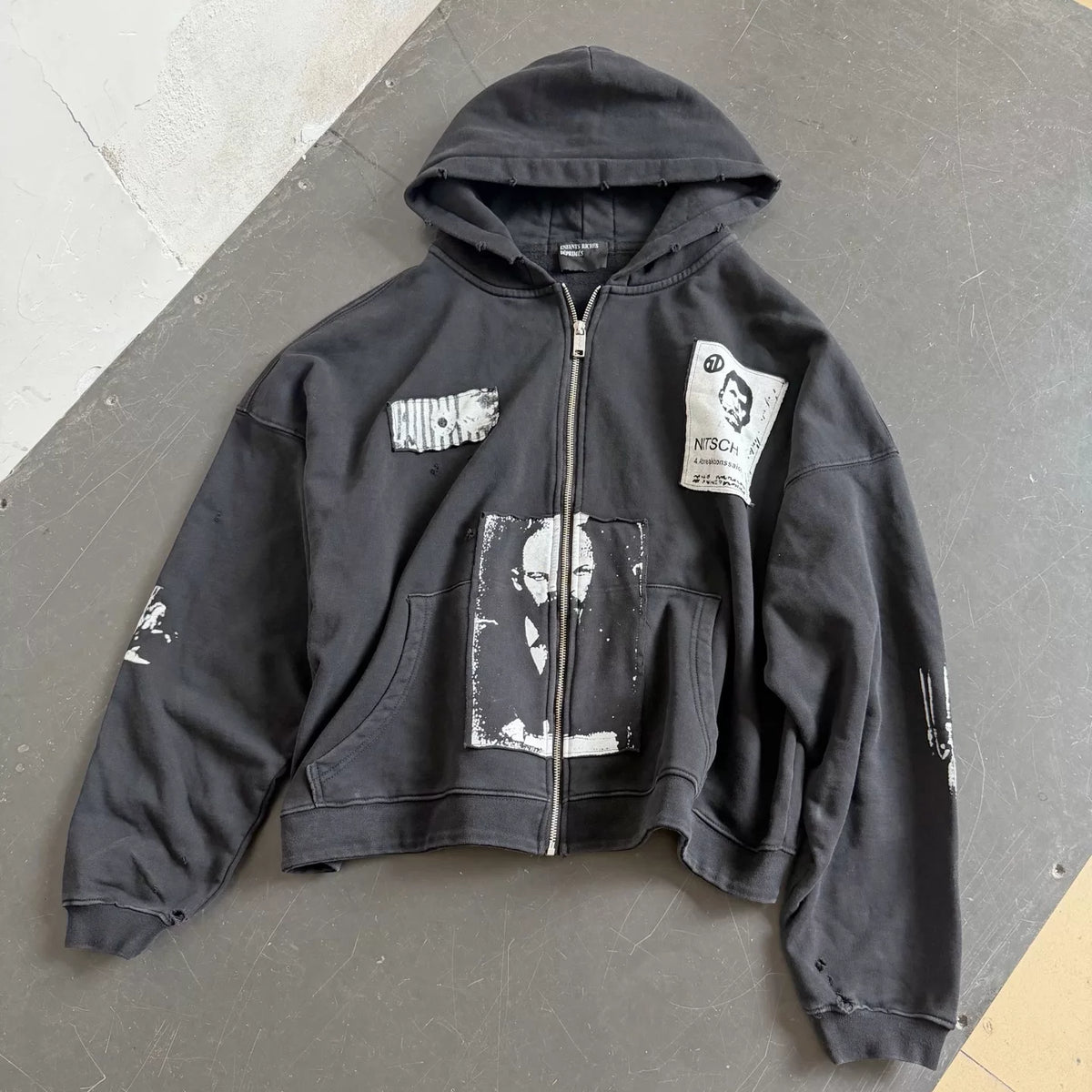 Distressed Patched Print Zip‑Up Hoodie