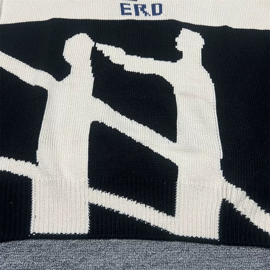 ERD Black‑White Figure Jacquard Cropped Distressed Crew Neck Unisex Knit Sweater